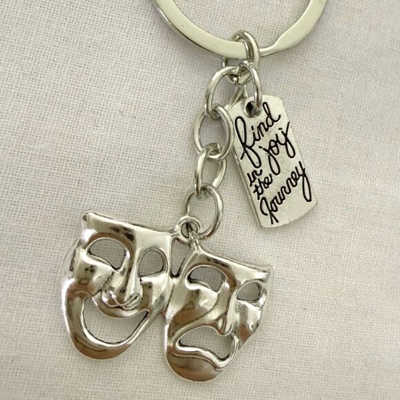 Theater Masks Keychain Bag Charm 3 Inch Silver Tone Drama Comedy Accessory - Picture 3 of 6